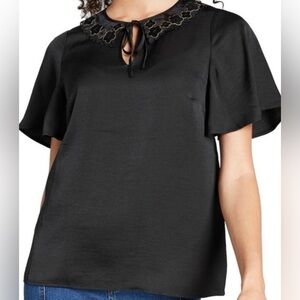 modcloth satin flutter sleeve solid black blouse size XS